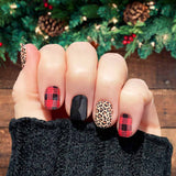 Red buffalo plaid, nude leopard and solid black combination nail wrap nail art design