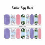 Easter bunny, Easter egg and pink and purple pastel with white polka dots Easter nail wrap nail design