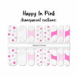 Combination of pink french tips and pink smiley faces on transparent nail wrap nail designs