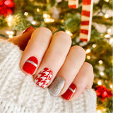 Red hounds tooth, silver glitter and red with silver glitter stripe nail wrap nail designs