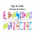 Solid pastel colored curves of pink, purple, blue, green and nude on clear nail wrap nail designsSolid pastel colored curves of pink, purple, blue, green and nude on clear nail wrap nail designs