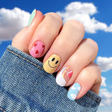 A mix of fun smiley faces, stars, hearts, clouds, rainbow and daisies on blue, green, purple, yellow and pink backgrounds nail wrap nail design