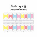 Multi colored pastel nail wrap nail design.  The different color French tips include yellow, salmon, light blue, and pink.