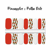 Pineapples on white, solid orange and black dots on white nail wrap nail design.  