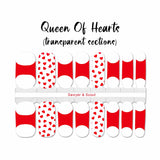 Red hearts on clear with red French tips nail wrap nail design.