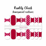 Combination of red and pink checkerboard French tips, solid red French tips and full solid red and full red and pink checkerboard nail wrap nail design.