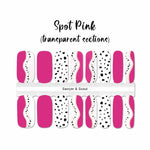 A combination of solid pink, black spots on white and a mix of pink curves and black spots on white curves on transparent sections nail wrap nail design.  
