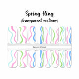 Sriped curves of pastel pink, blue and green on transparent nail wrap nail design.