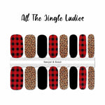Red buffalo plaid, nude leopard and solid black combination nail wrap nail art design
