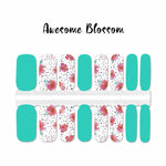 Pink flowers and black spots on white in combination with solid teal accent nail wrap nail design.