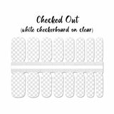 White checkerboard on clear nail wrap nail design. 