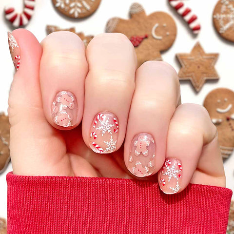 Combination of candy canes, gingerbread men cookies and snowflakes on a clear background Christmas nail wrap nail design