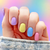 Combination of purple, pink, blue, yellow and green pastel nail wrap nail design