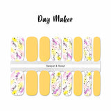 Combo of white with yellow and magenta splashes of color and solid yellow nail wrap nail design