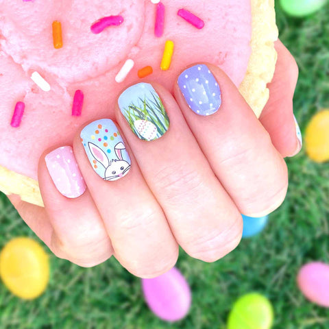 Easter bunny, Easter egg and pink and purple pastel with white polka dots Easter nail wrap nail design