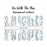 Blue glitter curvy lines, white curvy lines and black spots on a transparent background nail wrap nail design