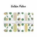 Green and gold palm leaves on white and gold glitter lines on white accent nails nail wrap nail design