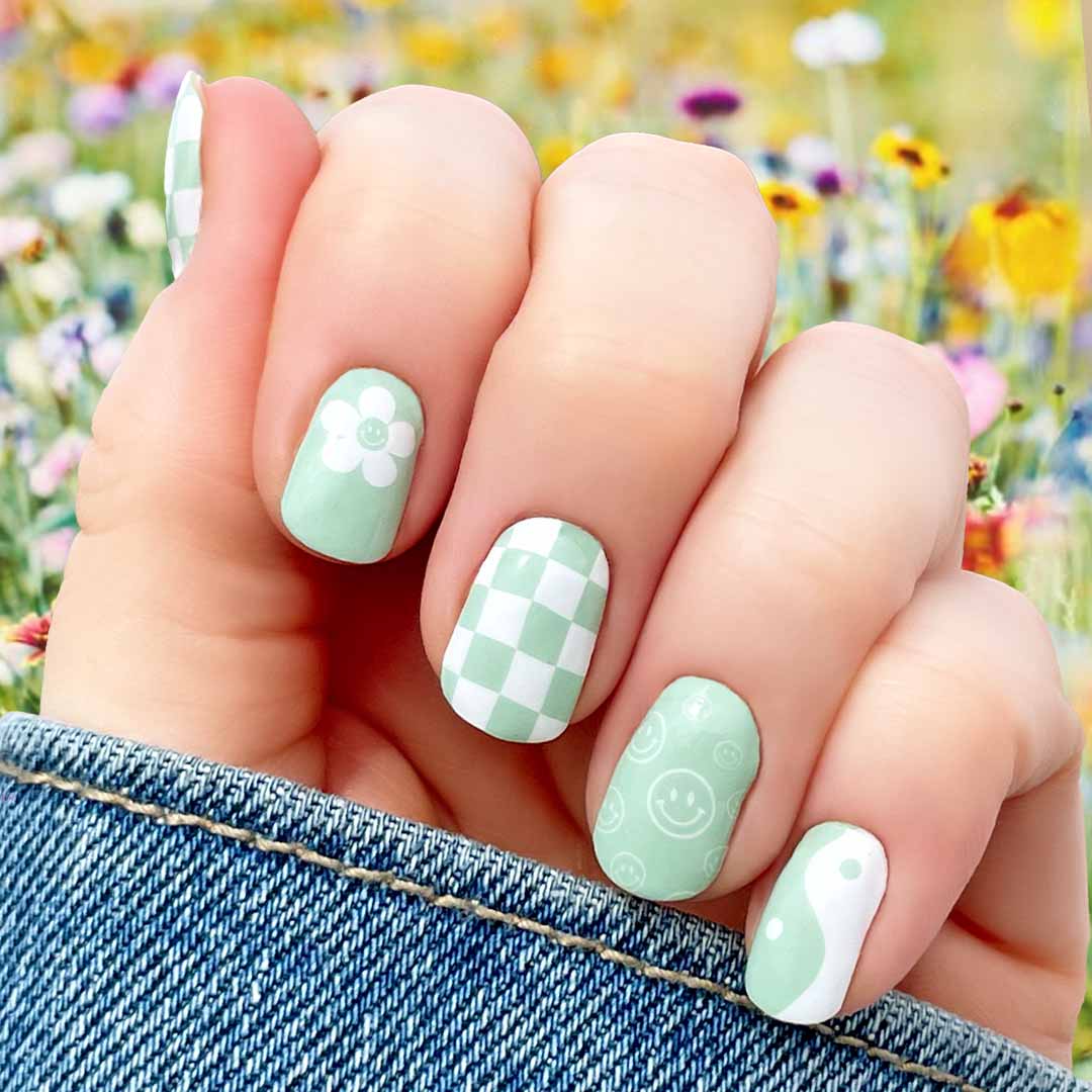 Preppy Nails with Tiny Checkerboard Patterns