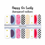 Mix of black & white checkerboard, pink curves, blue curve, nude lattice and a smiley face daisy on transparent nail wrap nail designs