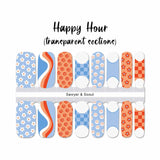 Orange and blue graphic mix of smiley faces, flowers, curves and checkerboard French tips nail wrap nail designs