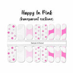 Combination of pink french tips and pink smiley faces on transparent nail wrap nail designs