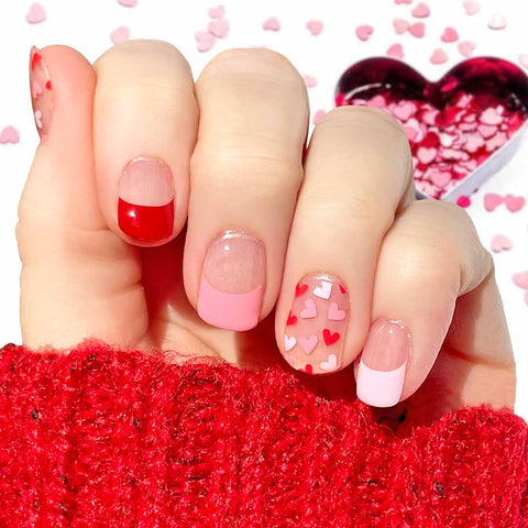 Red, white and pink hearts on a transparent background with French tips nail wrap nail designs