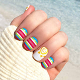 Colorful beach themed stripes with a swirl sun accent nail on white nail wrap nail designs