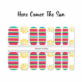 Colorful beach themed stripes with a swirl sun accent nail on white nail wrap nail designs