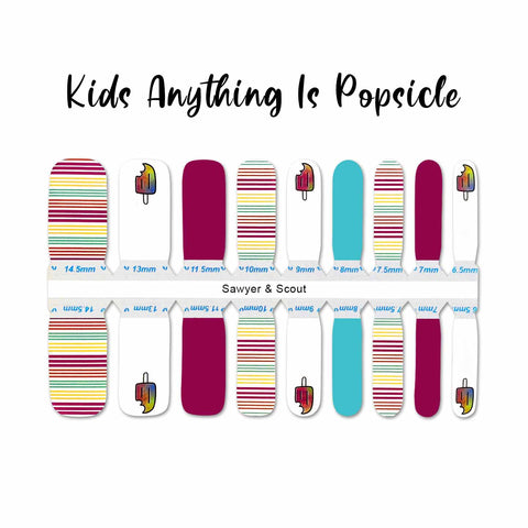  Kids popsicle, colorful stripes with magenta and blue solids nail wrap nail designs