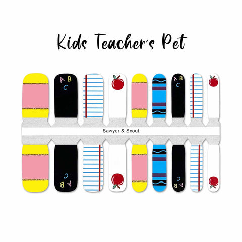 Kids school themed with chalkboard, apple, lined paper and blue crayon nail wrap nail designs