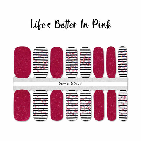 Dark pink shimmer solids and pink glitter on white & black stripes accents nail wrap nail designs