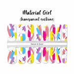 Bright colored brush strokes of yellow, blue, pink and purple on transparent nail wrap nail designs