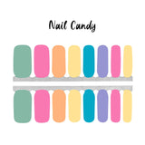 Mix of pastel solid colors including green, pink, peach, yellow, blue, purple nail wrap nail design