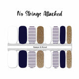 Combination of solid navy, solid white, solid gold glitter and white with navy stripes nail wrap nail design