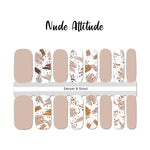 Combination of nude and gold strokes on a white background with solid nude accents nail wrap nail design