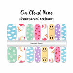 A mix of fun smiley faces, stars, hearts, clouds, rainbow and daisies on blue, green, purple, yellow and pink backgrounds nail wrap nail design
