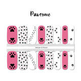 Pink and white nail strips with black dog paw prints nail wrap nail design.  