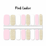 Solid light pink, solid white and gold glitter stripes on white nail wrap nail design.  