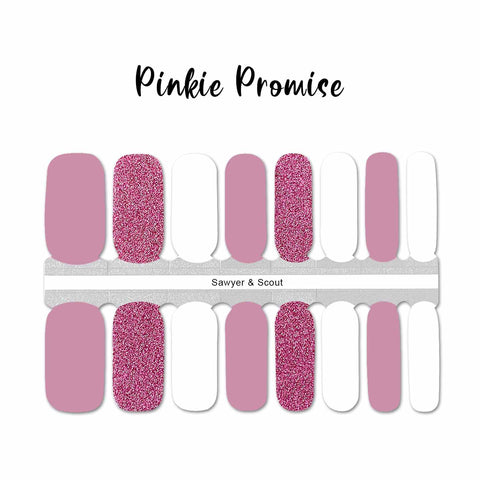Combination of solid pink, pink glitter and white nail wrap nail design.  