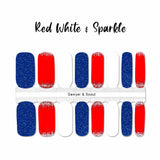 Full red, full white and full blue with sparkles nail wrap nail design with silver glitter on the cuticle end of the red wraps  