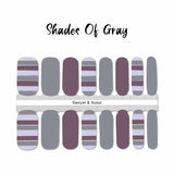Solid gray and purple nail wraps with gray, purple, light purple and silver foil striped accents nail wrap nail design.  