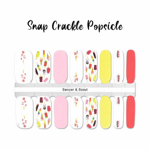 A variety of popsicle and Ice cream cone photos with pink and yellow solid accents nail wrap nail design.  