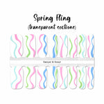 Sriped curves of pastel pink, blue and green on transparent nail wrap nail design.  