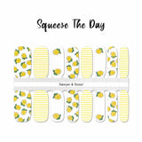 Lemons clip art on white with yellow stripes on white accents nail wrap nail design.  