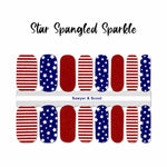 Combination of solid red glitter, white stars on blue and red glitter and white stripes nail wrap nail design.  