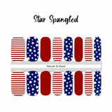 Combination of solid red, white stars on blue and red and white stripes nail wrap nail design.  