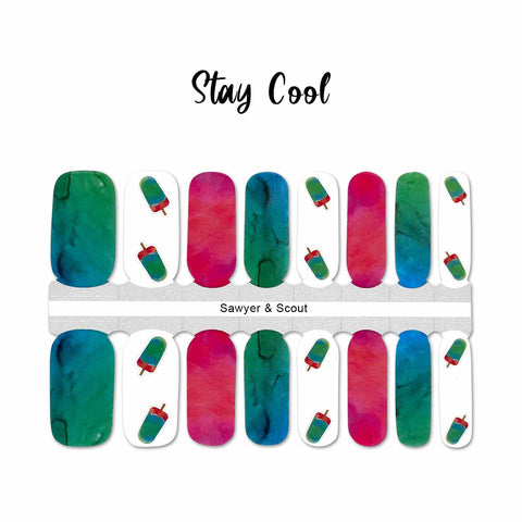 Combination of full green and blue watercolor pattern, full pink and red watercolor pattern and red and green popsicles on white accents nail wrap nail design.  