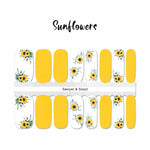 Combination of solid yellow and yellow sunflowers on white nail wrap nail design.  