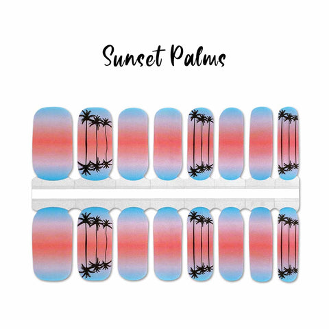 Pink and blue ombre with a set of three black palm tree accents nail wrap nail design.  