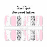 Combination solid pink, pink curves on clear and black spots on white accents nail wrap nail design.  